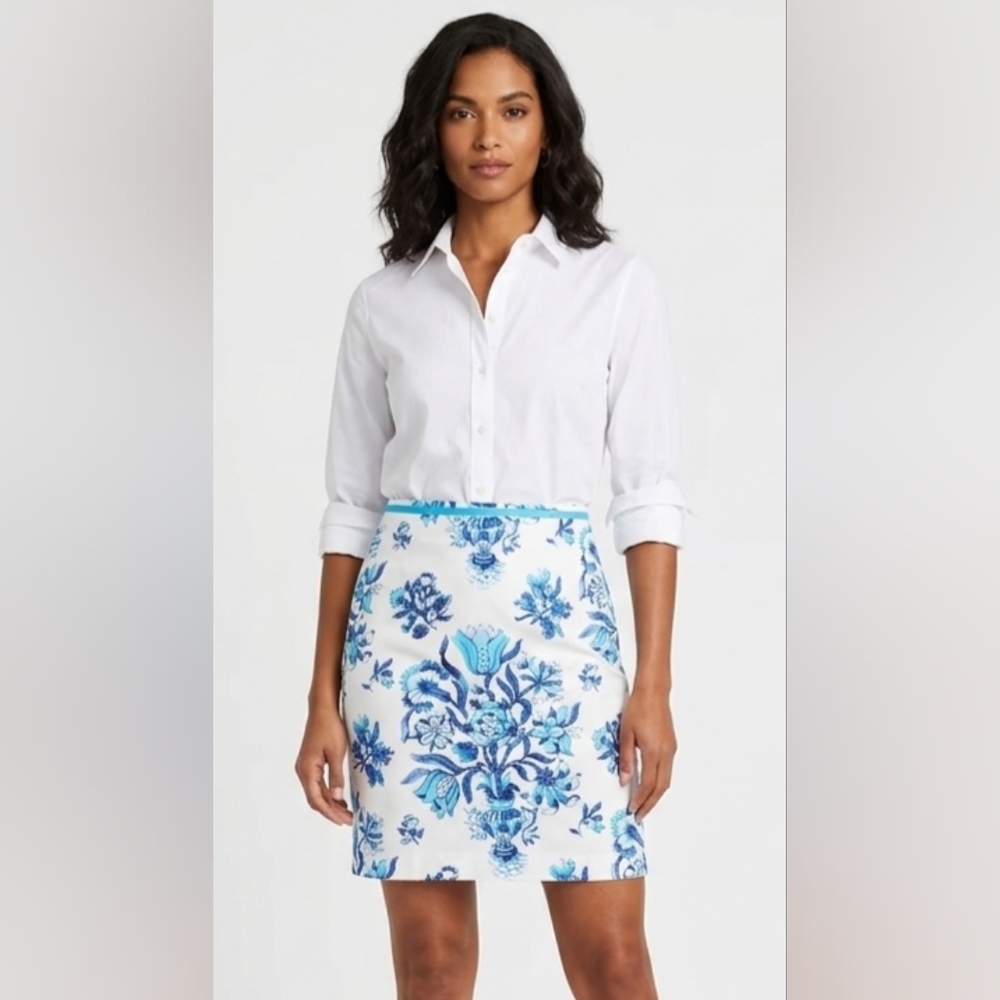 Talbots White Skirt with Blue Floral‎ Print Size 12P